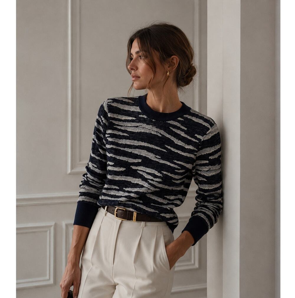 ALC Blue Animal Print Knit Crew Neck Sweater Womens XS Zebra Stripe Sheer Preppy